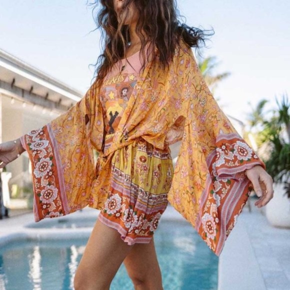 Tops - boho floral print mustard cut out sleeve kimono